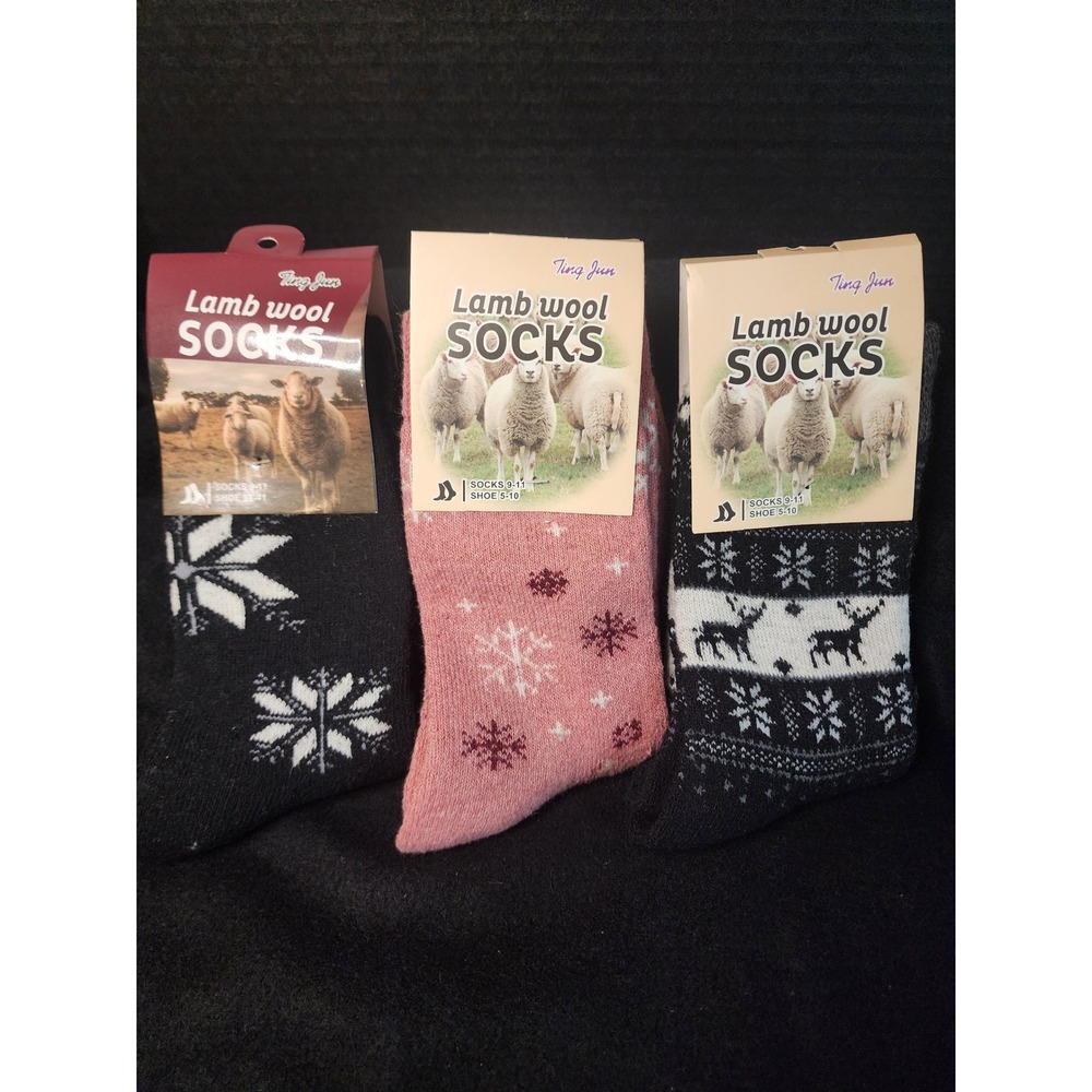 Ting Jun Lamb Wool Socks 3 Pair Set Winter Snowflake Reindeer Black Pink 9-11
